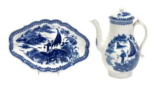 A Caughley blue and white baluster coffee pot and cover, printed with the `Fisherman and Cormorant`