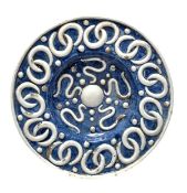 A William de Morgan blue and white dish, modelled with a central boss, five serpents and beads to