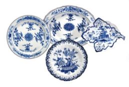 A Derby chinoiserie blue and white leaf-shaped dish, the centre painted with a Chinese house and