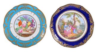 A Sevres-style porcelain turquoise-ground and gilt plate, painted with a basket issuing flowers,