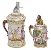 A Naples-style tankard and cover, modelled con basso relievo istoriato, 29cm high, crowned `N`