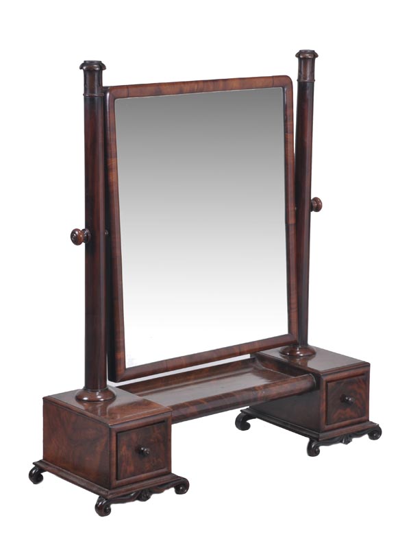 A William IV flame veneered mahogany dressing table mirror, circa 1835, rectangular plate held