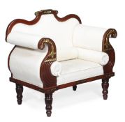 A pair of upholstered sofas in Regency style, 20th century, each parcel gilt serpentine shaped back