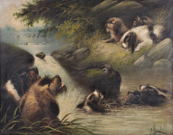 George Armfield (1808-1893) Otter hunting A pair, oil on canvas Both signed Each 71 x 92cm (28 x