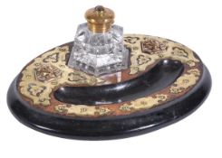 A Victorian ebonised walnut, brass and glass mounted inkstand, late 19th century, the hexagonal