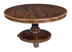 A Victorian rosewood breakfast table, circa 1850, circular top with moulded edge, 138cm diameter