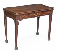 A George III mahogany folding tea table, circa 1790, rectangular top, plain frieze with a drawer,
