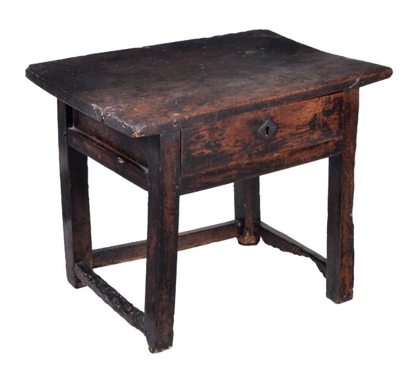 A Spanish walnut side table, 17th century, rectangular top above a frieze drawer on square legs and
