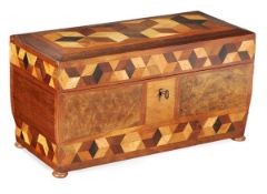 A Victorian sample wood cube parquetry, burr walnut and rosewood veneered tea caddy, third quarter