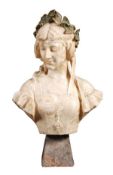 An Italian sculpted alabaster bust of a maiden, circa 1900, her serene visage declined a little to