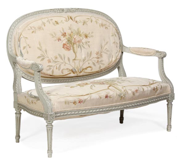A green painted and tapestry upholstered five piece suite of seat furniture, in Louis XVI style,