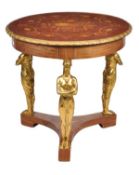 A French mahogany, marquetry and gilt metal mounted circular centre table, circular top with floral