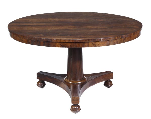 A William IV rosewood centre table, circa 1835, circular top, on turned stem above collar on