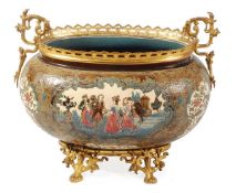 An Austrian majolica (Gerbing and Stephan) gilt metal mounted oval jardiniere, late 19th century,