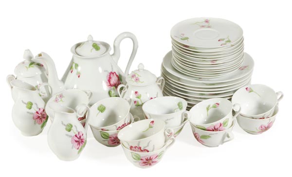 A Limoges porcelain part tea service, for twelve placings, comprising cup, saucers, side plates,