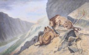 German School (early 20th century) Lions spying prey Large framed pastel drawing of Lions stalking