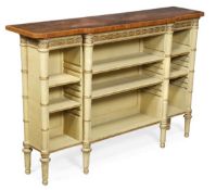 A painted and parcel gilt breakfront open bookcase, 19th century and later, rosewood and tulipwood
