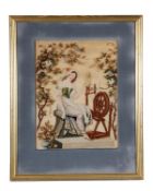 A woolwork picture, mid 19th century, of a young woman seated at a spinning wheel, the surround