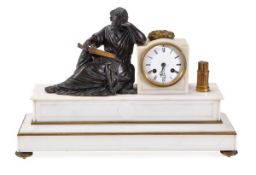 A French patinated and gilt bronze figural mounted white marble mantel clock, circa 1870, the