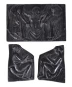 A set of three Italian patinated bronze relief panels after the Ludovisi throne, dated 1908, the