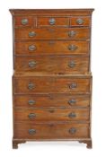 A George III mahogany and oak secretaire chest on chest, circa 1780, moulded cornice above two