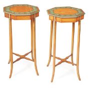 A pair of painted satinwood occasional tables, in Edwardian style, 20th century, octagonal tops