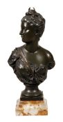 Manner of Jean-Antoine Houdon, a bust of Diana the Huntress, patinated bronze, circa 1900, her head