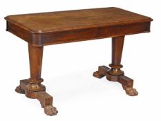 A William IV mahogany library table, circa 1835, rectangular top with rounded corners, turned
