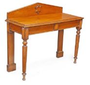 A Victorian oak console table, circa 1860, arched rear gallery, moulded rectangular top, a pair of