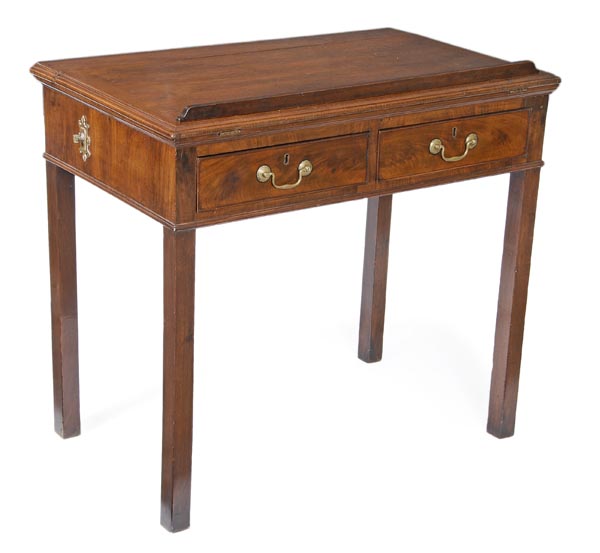 A George III mahogany architect`s table, circa 1780, ratchet adjustable rectangular top, a pair of