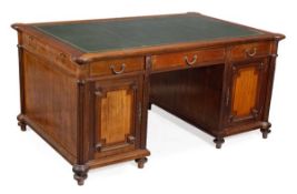 A mahogany and brass strung partners` pedestal desk, in Regency style, 20th century, rectangular