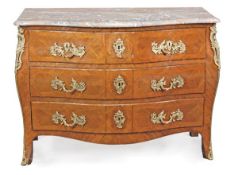 A Louis XV kingwood and tulipwood commode, circa 1760, stamped F. FRANC JME, mottled grey and pink