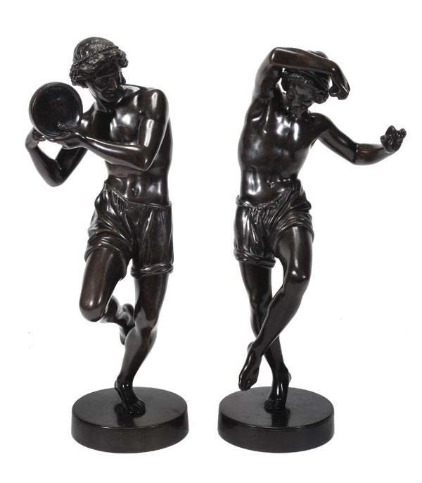After Francisque Joseph Duret, a pair of bronze models of dancing youths, early 20th century, dark