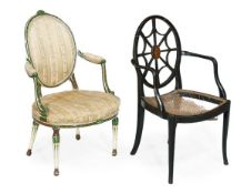 A polychrome painted elbow chair, circa 1770 and later, painted in green, brown and ivory tones and