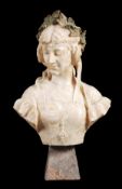 An Italian sculpted alabaster bust of a maiden, circa 1900, her serene visage declined a little to