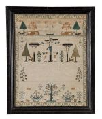 Ann Childs, a needlework sampler, designed with Christ on the Cross between the two thieves, the