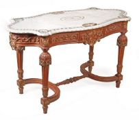 A Victorian oak and marble mounted side table, circa 1880, the serpentine marble top with