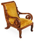 A Charles X rosewood and marquetry armchair, circa 1830, decorated with foliate marquetry