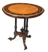 A Victorian amboyna ebonised and gilt metal mounted circular occasional table, circa 1890, circular