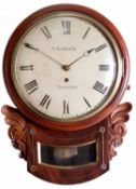 An early Victorian brass inlaid mahogany drop-dial wall timepiece with ten inch dial T.R. Price,