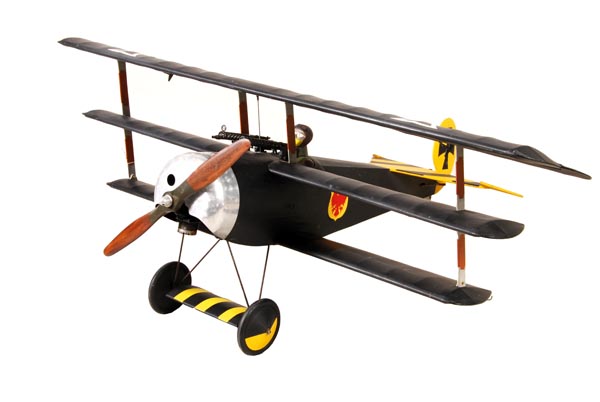 A well constructed flying scale model of a Fokker DR-1 triplane, the wood airframe covered with