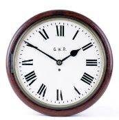 A Great Western Railway wall clock, with a fusee movement, the repainted circular white dial with