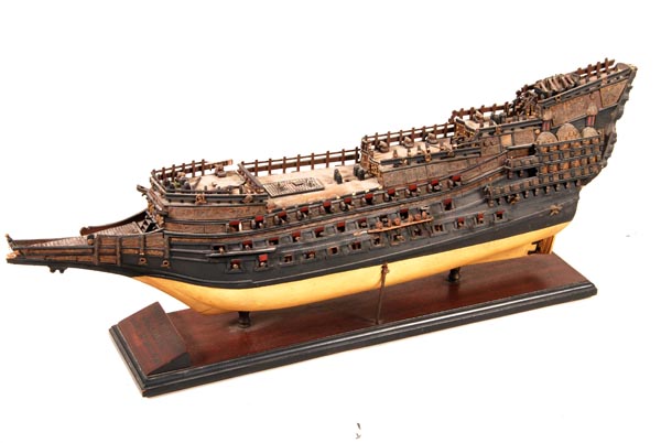 A static model of the hull of the 17th century man-o-war `Sovereign of the Seas`, with five gun