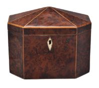 A George III burr yew and sycamore strung tea caddy, last quarter 18th century, with pyramidal