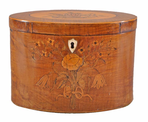 A George III satinwood and marquetry tea caddy, circa 1780, of oval section, the hinged cover and