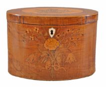 A George III satinwood and marquetry tea caddy, circa 1780, of oval section, the hinged cover and