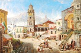 Alfons Maria Niemitz de Castelli (20th century) The market square Amalfi, Oil on canvas, Signed