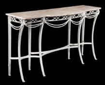A white painted wrought iron and marble mounted console table, 20th century, the breakfront