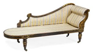 A Regency ebonised and parcel gilt chaise longue, circa 1815, shaped back and scrolling arm rest,