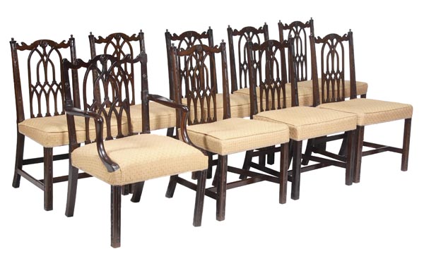 A set of nine carved mahogany dining chairs, in George III ‘Gothic’ style, 20th century, including